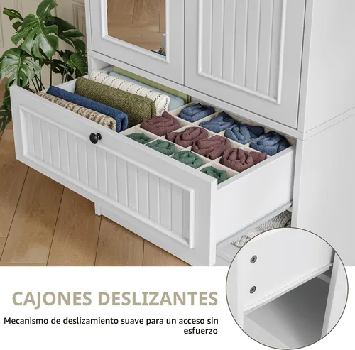 Miniatura 5 de Einhomn Armario de madera de 70 pulgadas con puertas y espejo, armario de madera con cajones y 3 ganchos laterales, gran armario independiente
