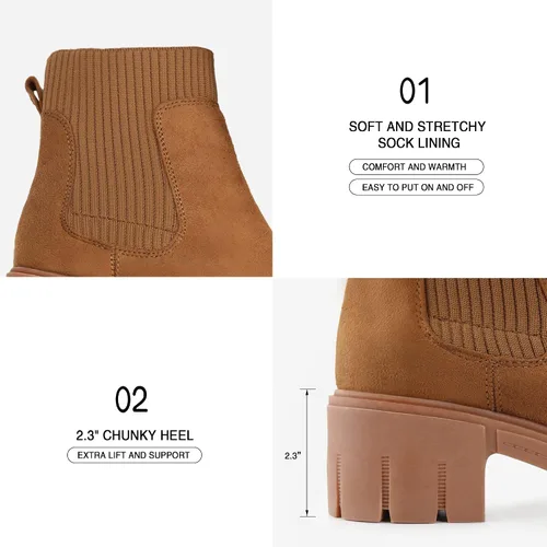 Miniatura 4 de JABASIC Botas de tobillo gruesas para mujer, botas Chelsea elásticas