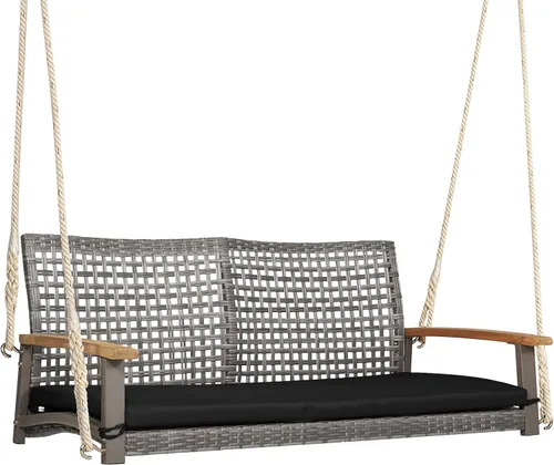 Miniatura 10 de Happygrill Silla de columpio para patio para 2 personas, banco oscilante de ratán al aire libre con reposabrazos de madera de acacia y dos cuerdas