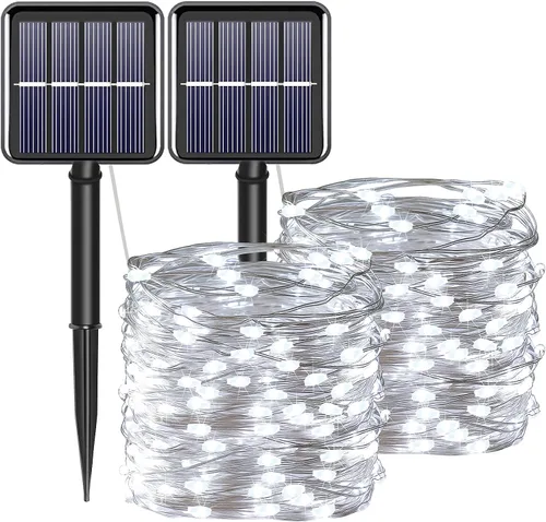 Miniatura 15 de Tira de luces solares azules de Navidad al aire libre impermeables, 2 paquetes, total 200 LED, 20.1 m, 8 modos, luces de hadas de cobre