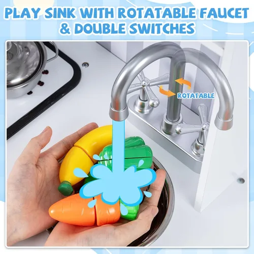 Miniatura 4 de Costzon Juego de cocina para niños, juego de cocina de chef de madera grande con sonidos y luces reales, microondas, pizarra, horno, máquina