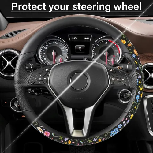 Miniatura 5 de Funda para volante de automóvil para mujeres y hombres, volante antideslizante y transpirable, protector de volante de flores silvestres, accesorios