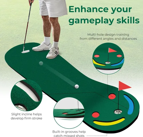 Miniatura 2 de Tangkula Alfombra de golf verde de 10 pies x 3 pies, tapete de golf para práctica en interiores y exteriores con 1 bandera, 3 tazas de putting