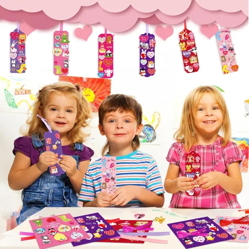 Miniatura 5 de JUNEBRUSHS Paquete de 30 manualidades de San Valentín para niños, marcapáginas del día de San Valentín, kits de manualidades con corazones surtidos