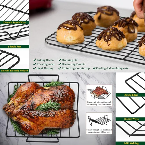 Miniatura 6 de E-far Bandeja para asar con rejillas, asador pequeño de pavo de acero inoxidable con rejilla en forma de V y rejilla de enfriamiento para horno