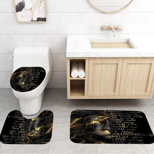 Miniatura 4 de Juego de cortina de ducha de león negro y dorado de 4 piezas con alfombras y cubierta para tapa de inodoro, citas inspiradoras, tela impermeable
