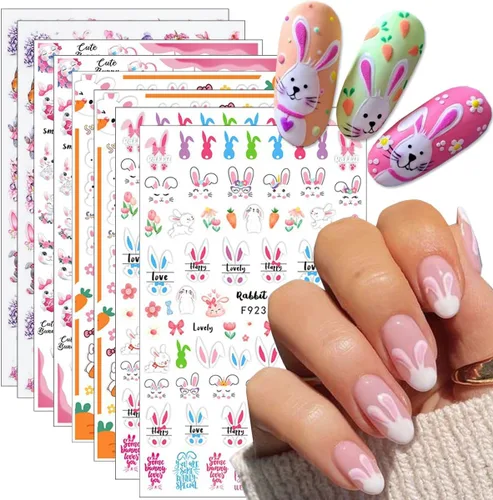 8 hojas de calcomanías de arte de uñas de conejo de Pascua, 3D, autoadhesivas, accesorios de arte de uñas, caricaturas, conejos, animales,