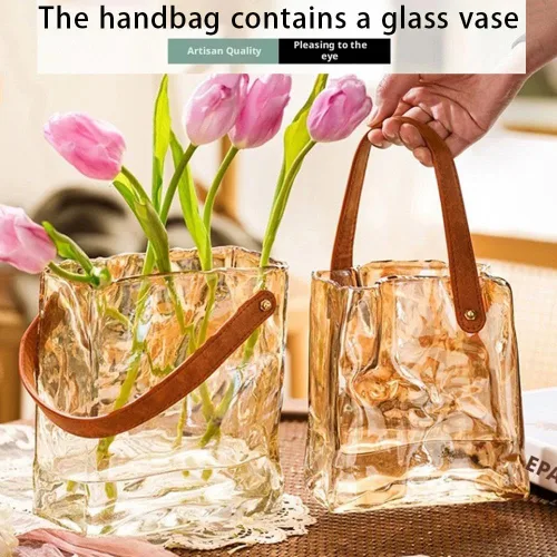 Miniatura 2 de Jarrón de cristal para flores, jarrones transparentes para centros de mesa, florero de bolsa con mango de cuero para decoración de bodas