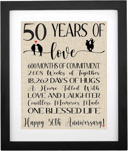 TOBOHU Impresión de arpillera de 50 años de amor, regalos para padres 50 aniversario, decoraciones de aniversario dorado, regalos para abuela y