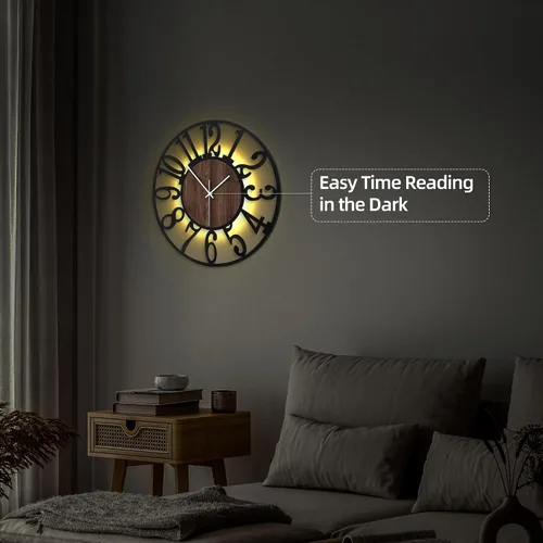 Miniatura 5 de Reloj de pared silencioso de 20 pulgadas con luz nocturna, reloj de pared decorativo que brilla en la oscuridad, funciona con pilas, relojes