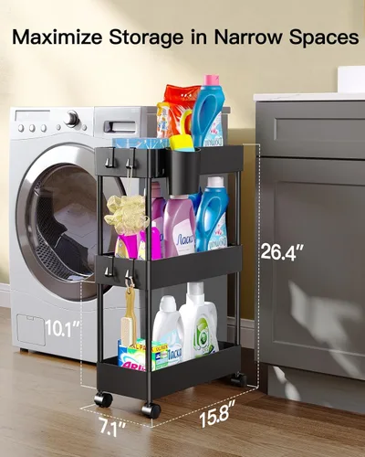Miniatura 2 de Pipishell Carrito de almacenamiento delgado con ruedas, organizador de baño de 3 niveles y carrito de almacenamiento, carritos rodantes para baño
