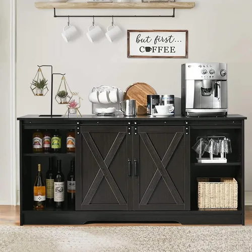 Miniatura 9 de 4ever2buy Armario de café con almacenamiento, gabinete de cocina de 59 pulgadas con puerta corrediza de granero, mesa de café con para sala