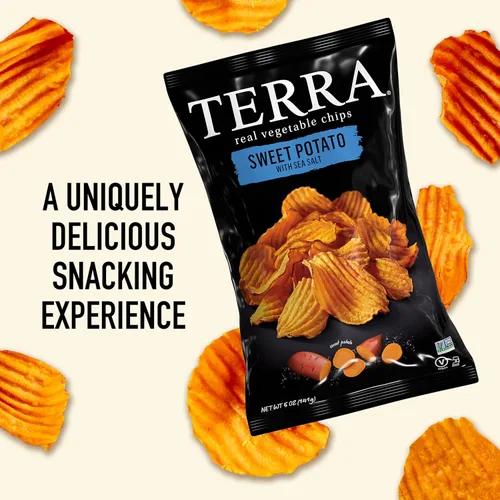 Miniatura 6 de Terra Papas fritas vegetales, Patatas dulces cortadas en ondas con sal marina, 5 onzas