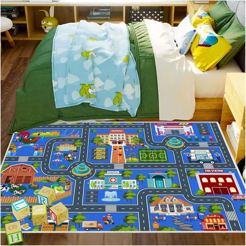Miniatura 6 de Alfombra de coche de carretera para niños, 31 x 47 pulgadas, alfombra de pista de carreras de ciudad, alfombra de carreras para niños, alfombra