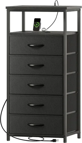 Miniatura 32 de Huuger Cómoda blanca con 5 cajones y estación de carga, cómoda alta para dormitorio, mesita de noche alta con acabado de piel sintética, estante