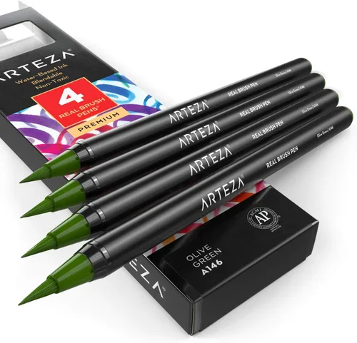 Miniatura 41 de Arteza Bolígrafos de pincel real, A174 gris delfín, paquete de 4, bolígrafos de acuarela con puntas de pincel de nailon, suministros de arte