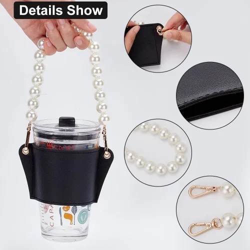Miniatura 3 de WADORN Funda reutilizable de piel sintética con asa de perla, soporte portátil para taza de café con cadena extraíble para taza de bebidas Negro