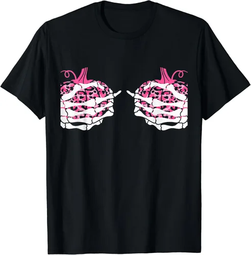 Camiseta con diseño de esqueleto y pechos de mano y calabaza, cáncer de mama Save The Boo Bees, Negro -