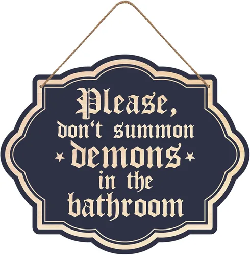 Divertido letrero de pared gótico vintage de Halloween, con texto en inglés "Please Do Not Summon Demons In The Bath", letrero de madera para