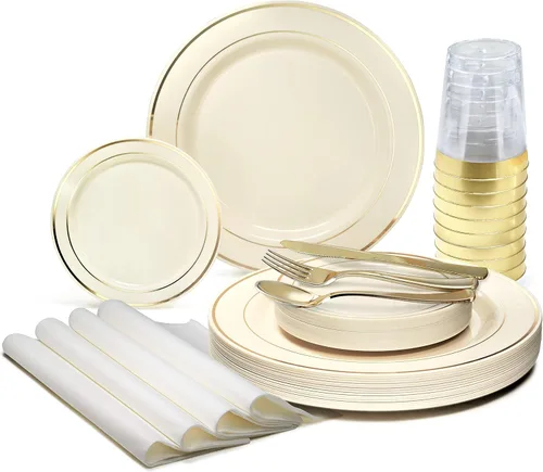 Miniatura 8 de Occasions" - Juego de 125 piezas (25 invitados) - Platos y cubiertos de plástico para boda, vajilla pesada desechable de 10.5 pulgadas, 6.25