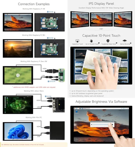 Miniatura 5 de Waveshare Pantalla LCD IPS táctil capacitiva de 8 pulgadas, sin carcasa trasera, resolución 1280×800, interfaz HDMI, compatible con Raspberry Pi