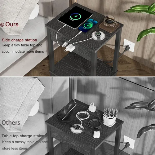 Miniatura 6 de VIMBER Mesa auxiliar con estación de carga, juego de 2 mesas auxiliares con puerto USB y tomas, mesitas de noche con estantes de almacenamiento de 2