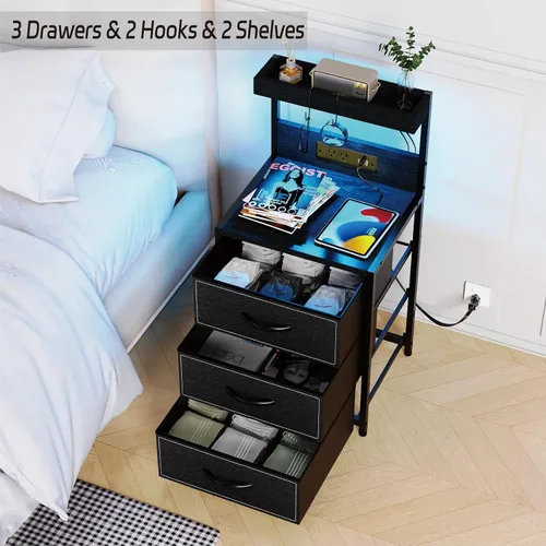 Miniatura 7 de SZLHANJZ - Mesita de noche LED con estación de carga, mesita de noche con 3 cajones y luces, mesa auxiliar de almacenamiento con estante y ganchos
