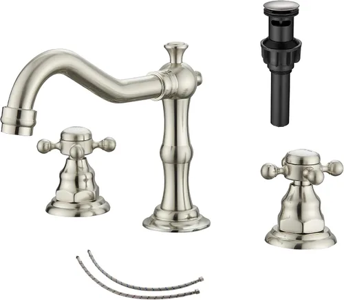 Miniatura 21 de Grifo de 2 manijas para lavabo de baño de tres agujeros, grifo de lavabo extendido, latón antiguo, grifo mezclador con manguera de suministro