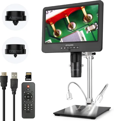 JL249MS Microscopio digital HDMI de 3 lentes de 10.1 pulgadas 2000X, cámara de microscopio de soldadura con soporte de brazo de pluma, video UHD