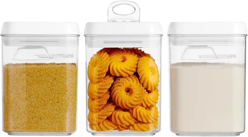 Felli Flip Tite - Contenedor de almacenamiento con cuchara integrada y tapa hermética de 5 pulgadas, anillo grande y M, recipiente acrílico apilable