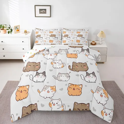 Miniatura 34 de Erosebridal Lindo juego de edredón de gato, tamaño individual, kawaii, fresa, juego de ropa de cama para niñas, diseño de arco iris, edredón rosa