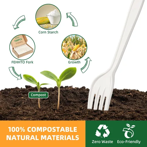 Miniatura 3 de Tenedor 100% compostable, 7 pulgadas, 150 tenedores desechables de almidón de maíz, cubiertos resistentes con certificación BPI, utensilios