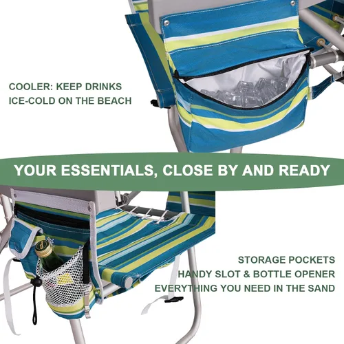 Miniatura 7 de Romswi Silla de playa alta extra ancha para adultos, mochila de asiento alto de 17 pulgadas con bolsa refrigeradora, soporte para taza y teléfono