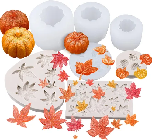 7 moldes de resina de Halloween de Acción de Gracias, moldes de silicona para fondant de calabaza de Kalolary y arce, molde epoxi de calabaza 3D