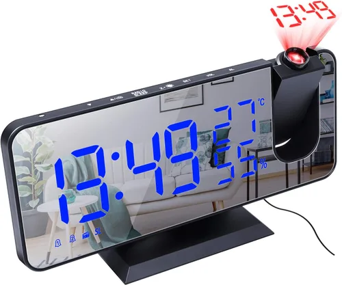 Miniatura 2 de ThreeH Reloj despertador de proyección Radio Digital Reloj despertador 4 atenuadores y 180° giratorio y 2 sonidos 7.4 '' Pantalla de espejo grande