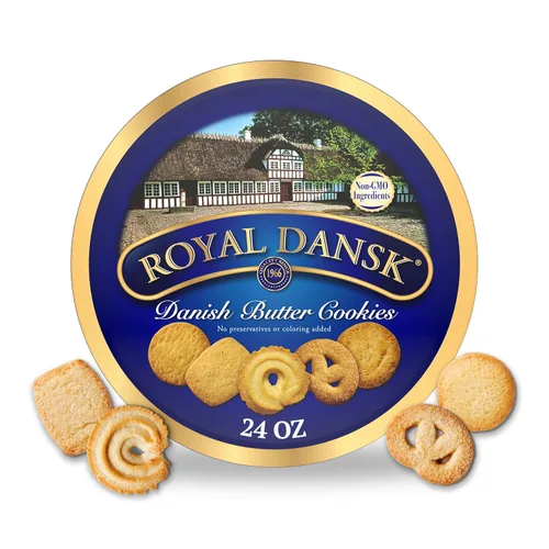 Royal Dansk Galletas de mantequilla danesas, galletas surtidas de primera calidad en una lata de regalo, ideales para compartir y regalar, 24 onzas