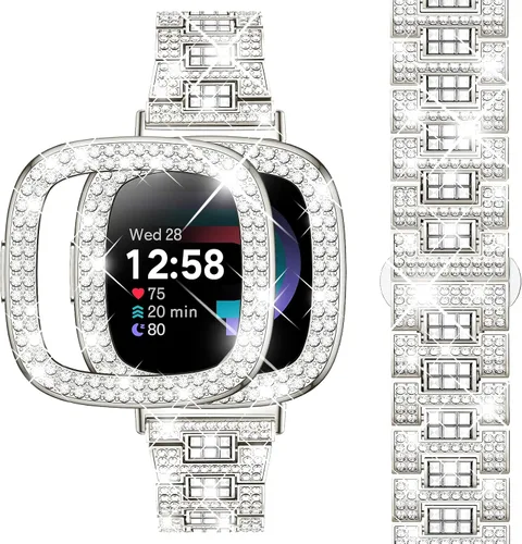 Miniatura 15 de Dsytom Bling Banda de Reloj Elegante Compatible con Fitbit Versa 4, Sense 2, Versa 3, Sense - Correa Linda con Funda Protectora de Rinstone