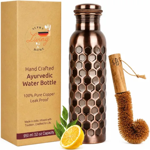 Miniatura 14 de Botella de agua de cobre real de 34 onzas, extra grande, botella de cobre puro para agua potable, botella ayurvédica de diamante antiguo, tapa a