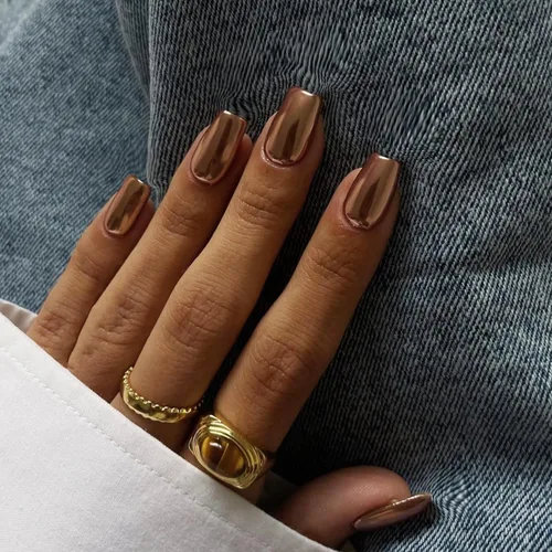 Miniatura 13 de Uñas Postizas Cuadradas de Cromo Púrpura Cortas Medianas para Presionar, KQueenest Uñas Acrílicas Falsas de Plateado Metálico Espejo para Presionar