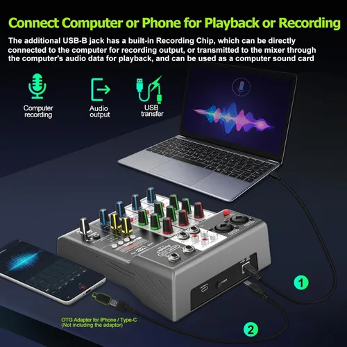 Miniatura 6 de Mezclador de audio profesional Aveek, consola de mezcla de placa de sonido con 4 canales digitales USB Bluetooth, efecto de eco y retardo, entrada