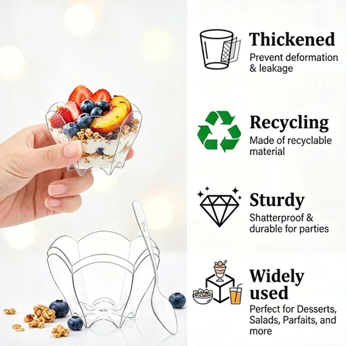 Miniatura 5 de Tebery Paquete de 100 mini tazas de postre Parfaits con 100 cucharas, cuenco pequeño transparente de 2.5 onzas para probar postres de fiesta
