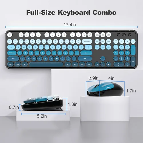 Miniatura 7 de Combo de teclado y mouse inalámbricos, teclado retro de tamaño completo de 2.4 GHz con teclado numérico y mouse inalámbrico para Negro azul