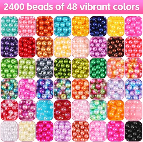 Miniatura 3 de 2400 cuentas de perlas para hacer joyas, 48 coloridas cuentas de perlas redondas de 6mm para kit de hacer pulseras, cuentas pequeñas de perlas