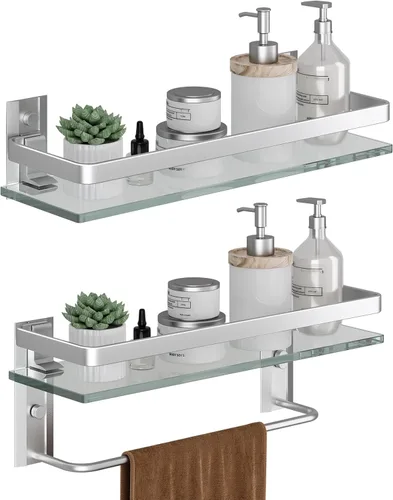 Miniatura 15 de Danpoo Estante de Pared de Vidrio Templado Transparente, Organizador de Montaje en Pared para Baño, Cocina (Negro Mate)