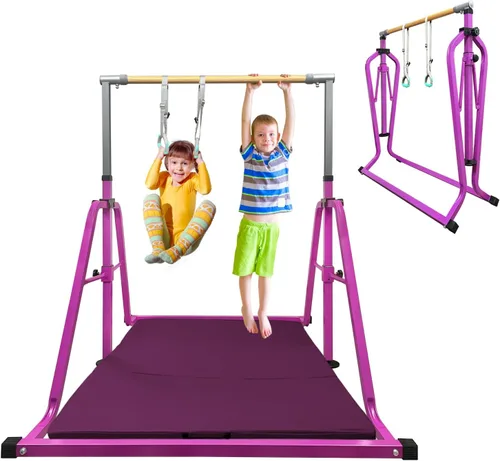 Miniatura 12 de GLANT Barra de gimnasia para niños con juego de anillos, 7 alturas ajustables, fácil de plegar, barra de entrenamiento de gimnasia para niños