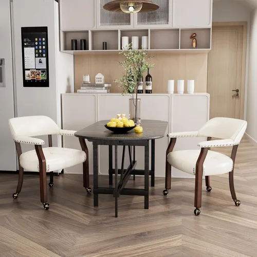 Miniatura 74 de Juego de 8 sillas de cuero de comedor con ruedas y brazos, silla de capitán Accent con ruedas, sillas de madera con ruedas enrollables para cocina