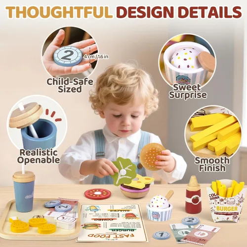 Miniatura 8 de Airlab Alimento de juguete de madera para niños pequeños 3-5 juegos de desayuno y juegos de comida de madera para hamburguesas