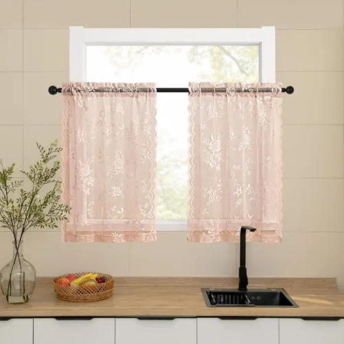 Miniatura 17 de SEEKRIGHT - 2 paneles de cortinas traslúcidas de encaje negro, cortinas góticas florales, cortinas victorianas con bolsillo para cortinero