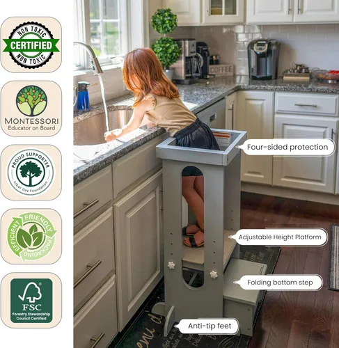 Miniatura 6 de Little Partners Torre Plegable para Niños Pequeños, Torre de Aprendizaje Explore 'N Store Montessori Torre de Cocina de Pie con Plataforma de Blanco