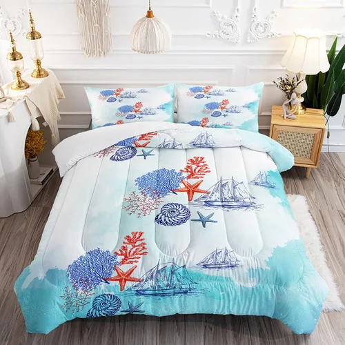 Miniatura 13 de Suncloris Juego de edredón coral océano para niños y adultos, edredón tamaño Queen con temática de hipocampo tropical rojo con 2 fundas de almohada
